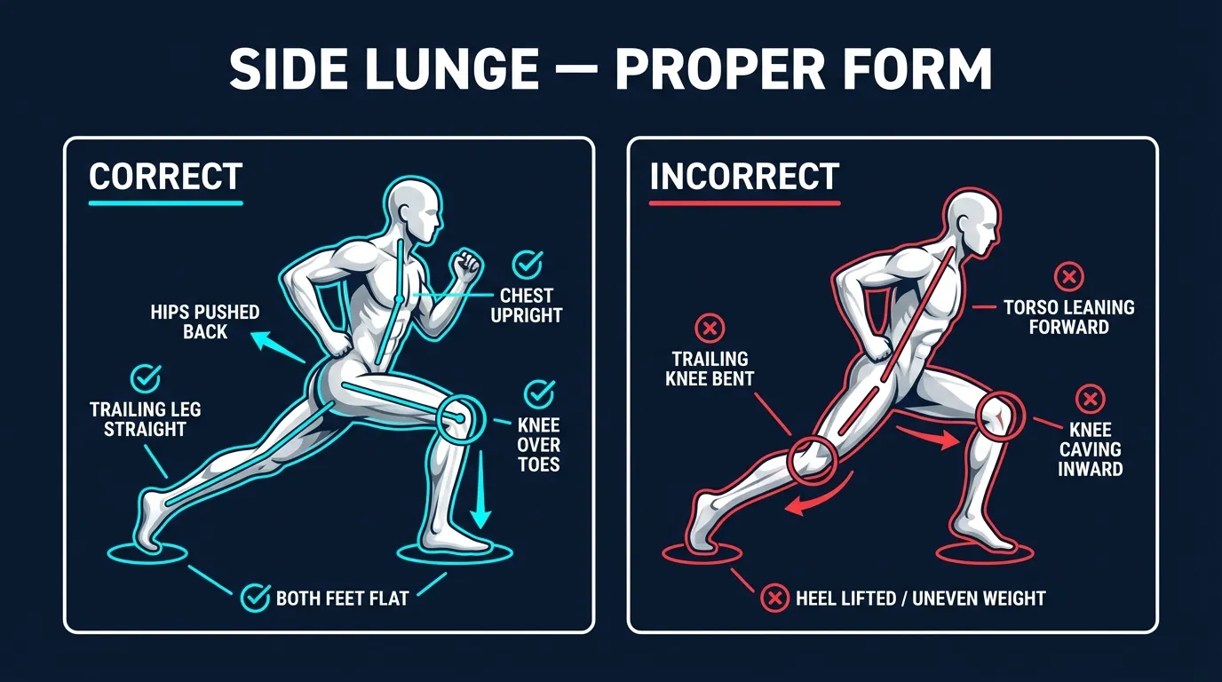 Side lunge proper form showing the lateral step with hips pushed back, working knee tracking over toes, trailing leg straight, and chest upright