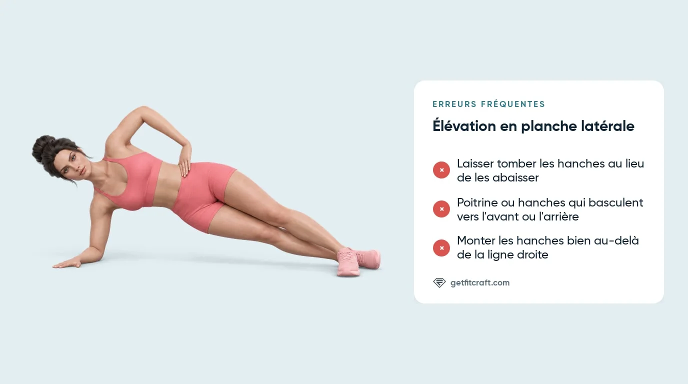 Élévation en planche latérale, erreurs courantes et bonne position haute : avant-bras au sol, hanches alignées