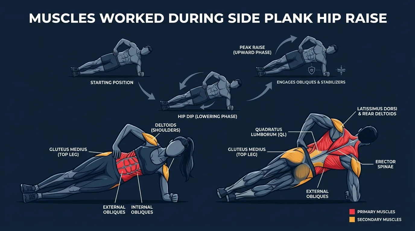 Muscle activation diagram for side plank raise showing obliques, gluteus medius, and quadratus lumborum engagement