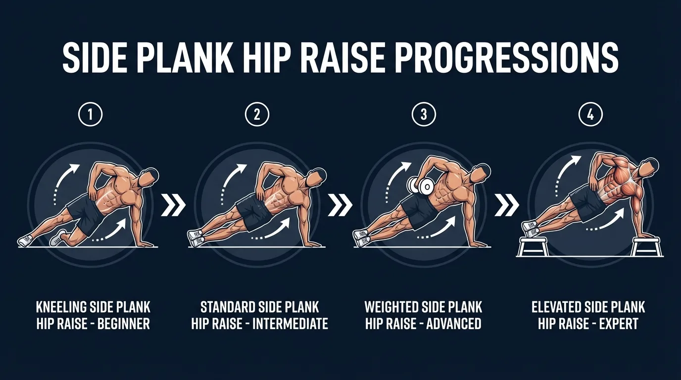Side plank raise variations from beginner knee-supported to advanced weighted progressions