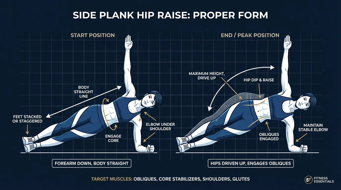 Side plank raise proper form showing the hip dip and lift motion with body alignment cues