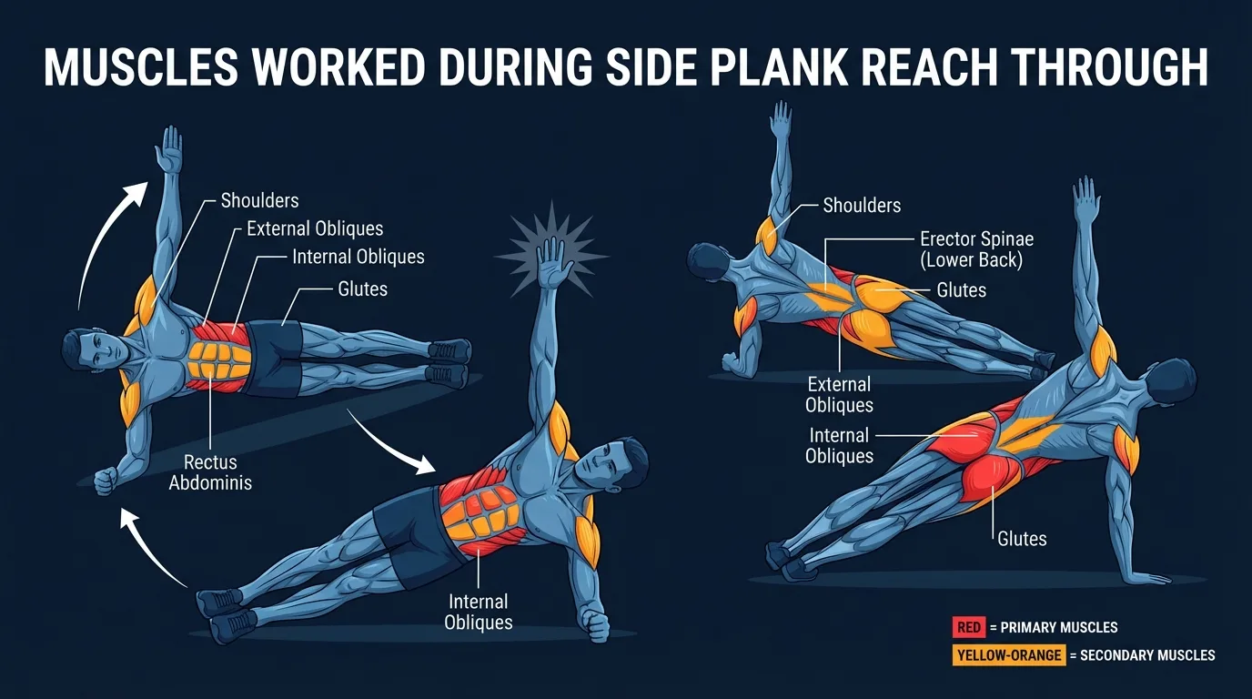 Side plank reach through muscles targeted — diagram showing obliques, transverse abdominis, gluteus medius, serratus anterior, and thoracic rotators engaged during the movement