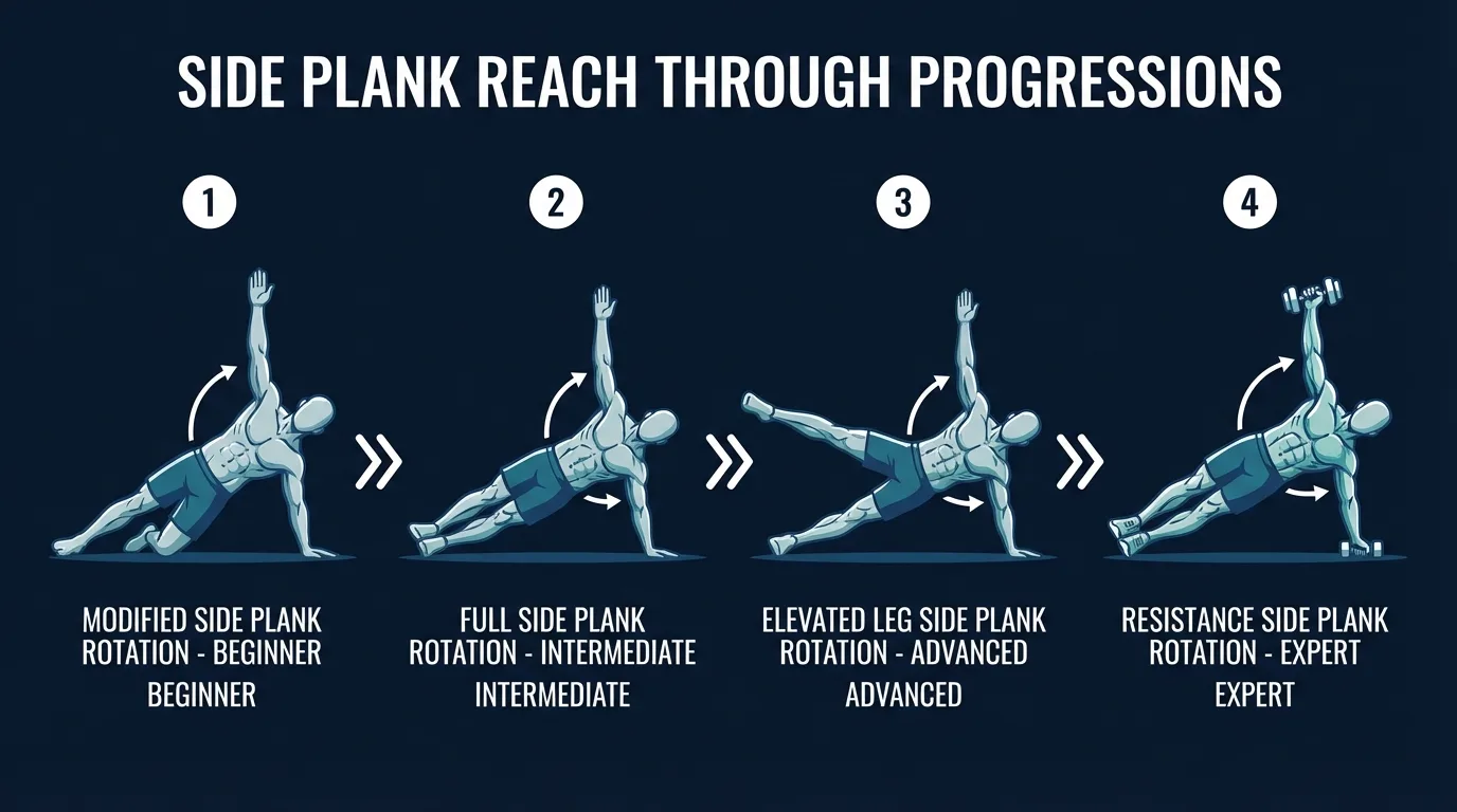 Side plank reach through variations — knee regression, standard version, and weighted progression shown side by side