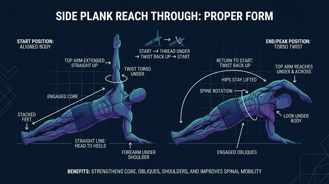 Side plank reach through proper form — person in side plank position threading arm underneath body with hips elevated