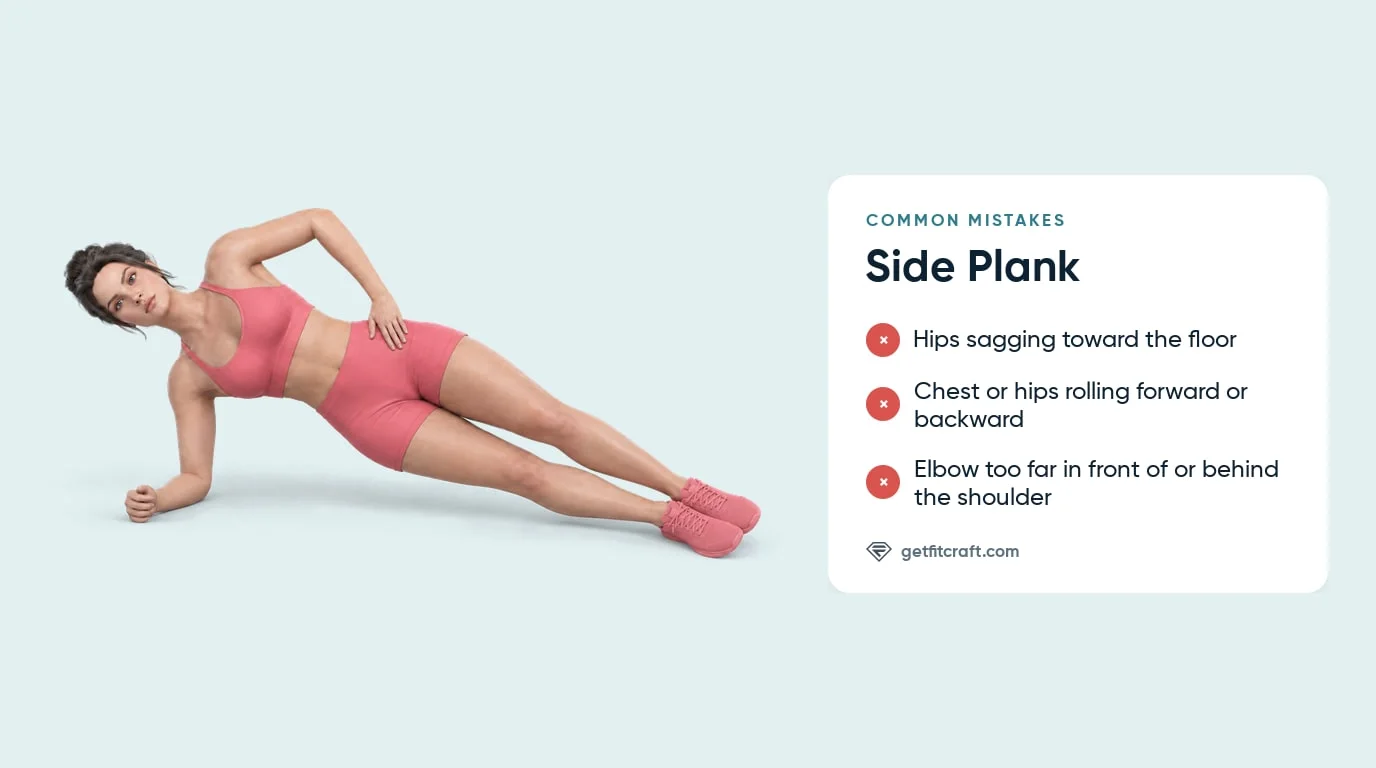 Side plank common mistakes listed beside the correct forearm side plank, with the hips up and the body in one straight line