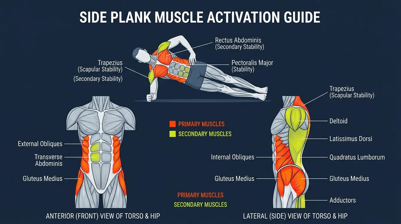 Side plank muscles worked: obliques, quadratus lumborum, gluteus medius, hip abductors, transverse abdominis, and shoulder stabilizers