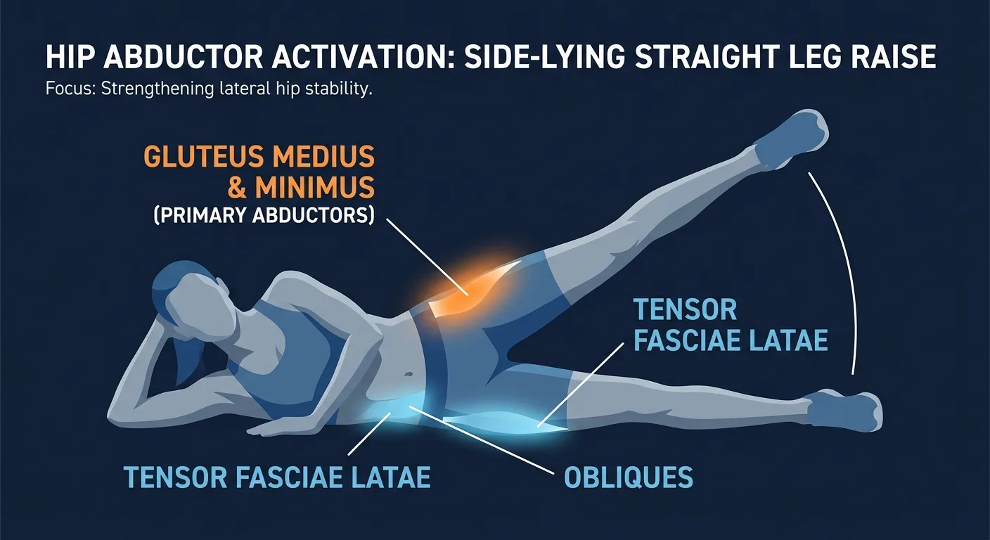 Sideways flutter muscles worked diagram showing gluteus medius, gluteus minimus, and tensor fasciae latae activation with side-lying straight leg raise