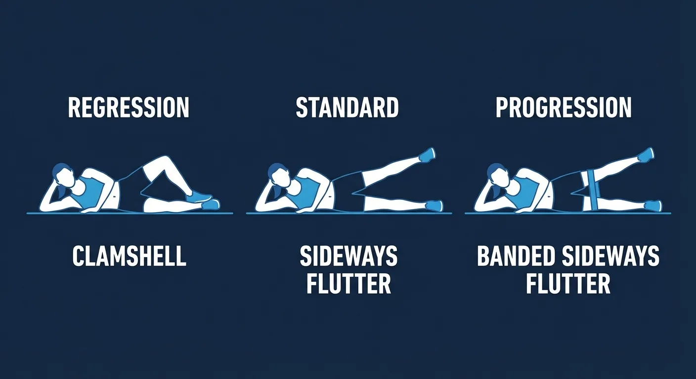 Sideways flutter variations showing clamshell regression, standard sideways flutter, and resistance band progression