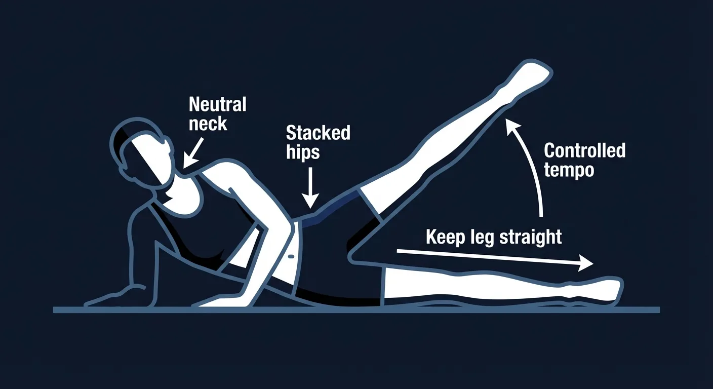Sideways flutter proper form side-lying position showing stacked legs, straight top leg raised in a wide arc, and neutral neck alignment