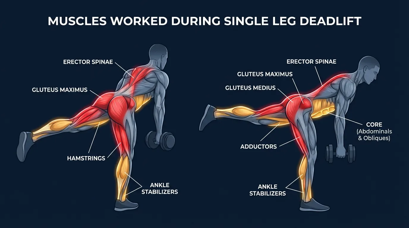 Single leg deadlift muscles targeted diagram showing hamstrings, glutes, erector spinae, core, and ankle stabilizers