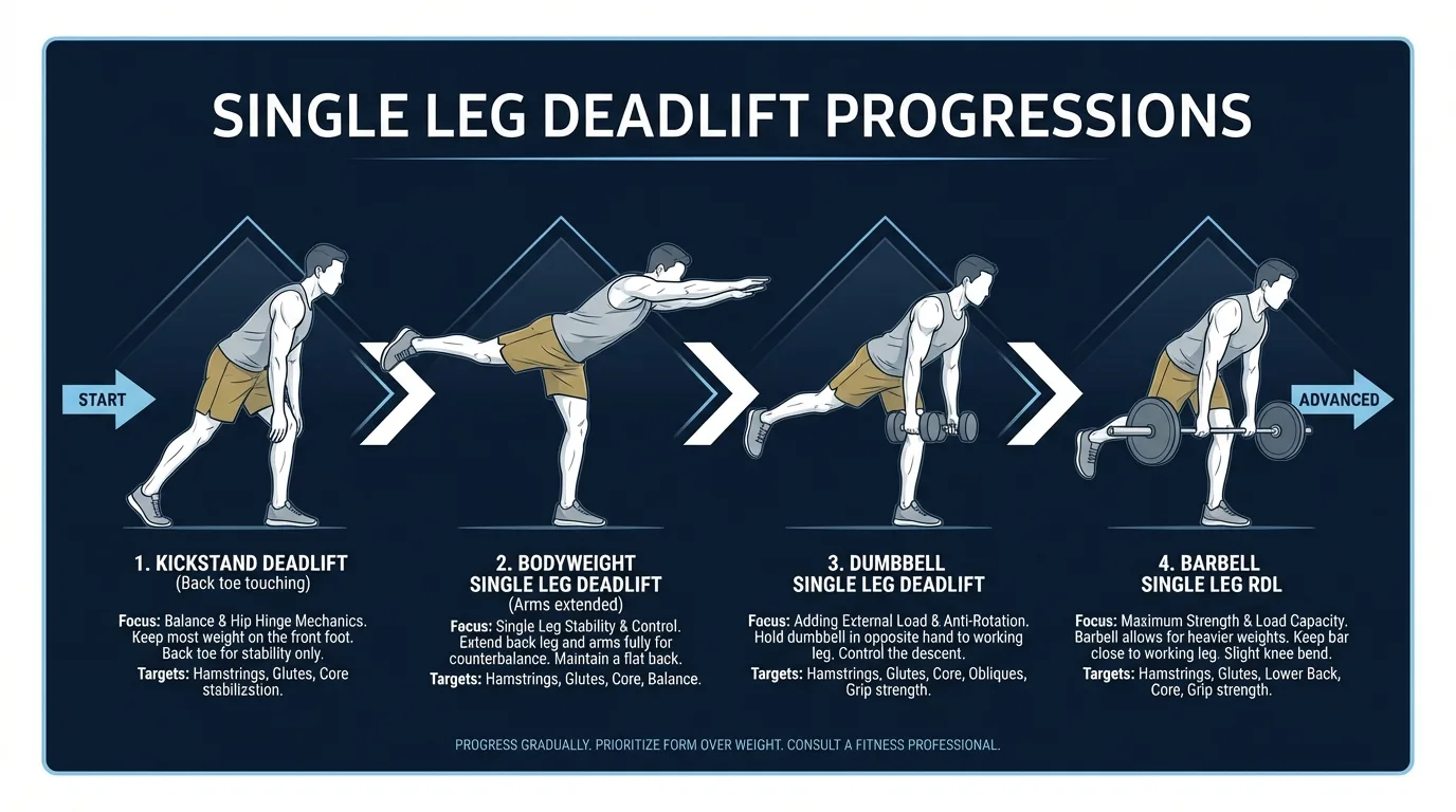 Single leg deadlift progression from kickstand deadlift to bodyweight single leg to dumbbell single leg to barbell single leg RDL
