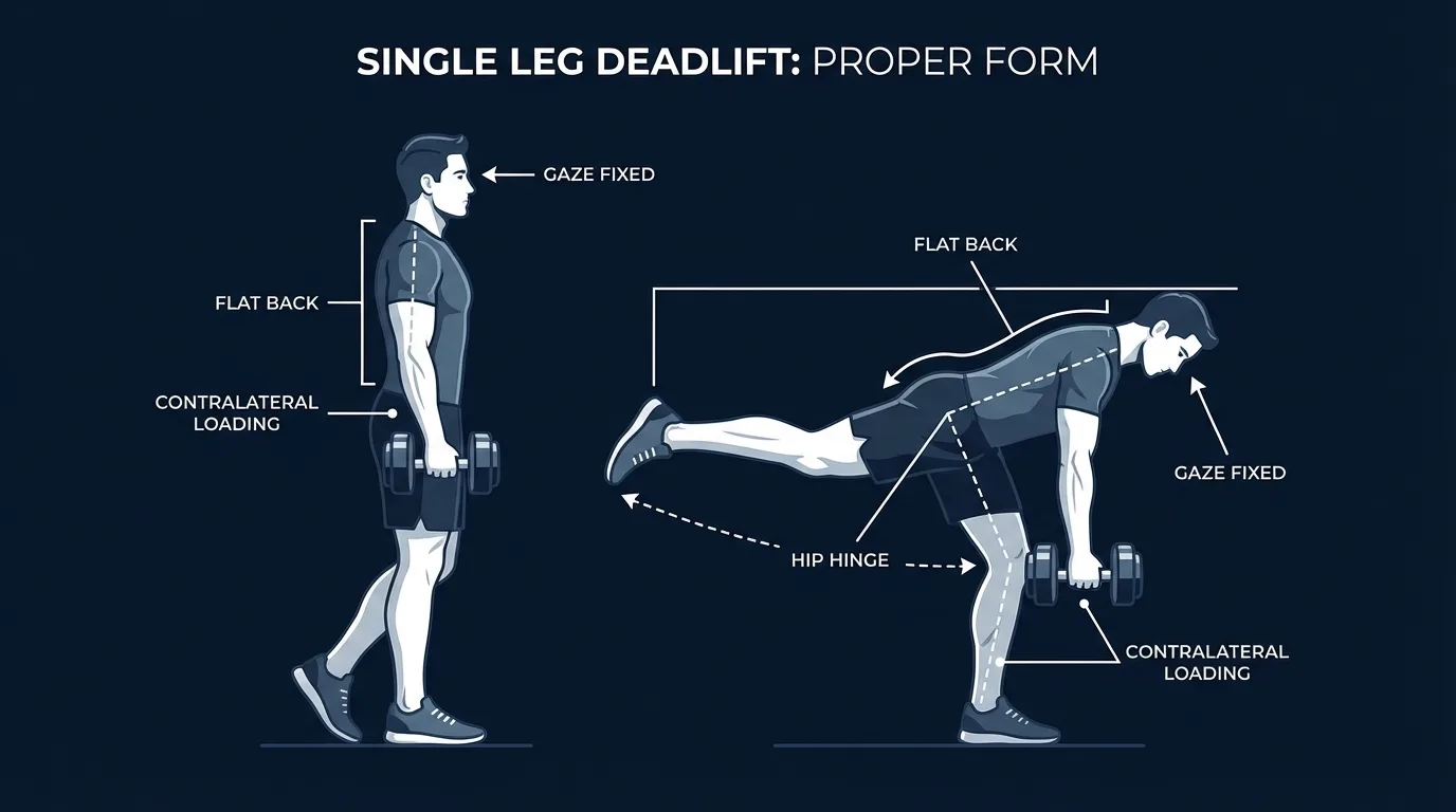 Single leg deadlift proper form showing standing start position and hinged position with flat back, contralateral dumbbell loading