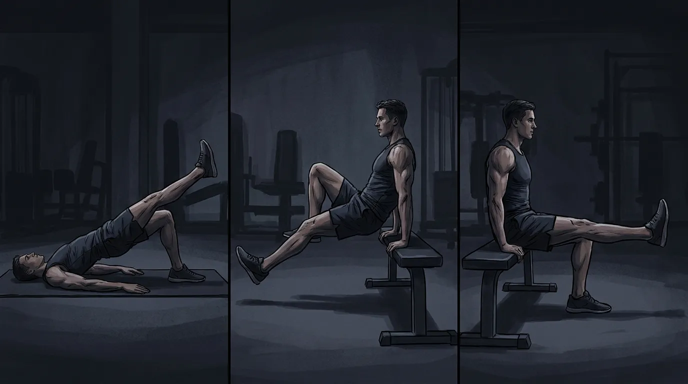 Single-leg iso ham raise progressions: glute bridge regression, bilateral iso ham raise, and advanced single-leg bridge hold