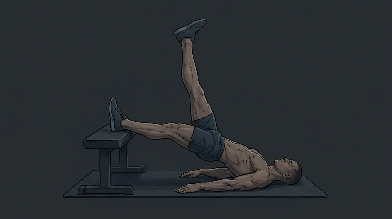 Single-leg iso ham raise proper form: one heel on a bench, opposite leg lifted, hips level, ribs down, and body aligned from shoulder to working knee