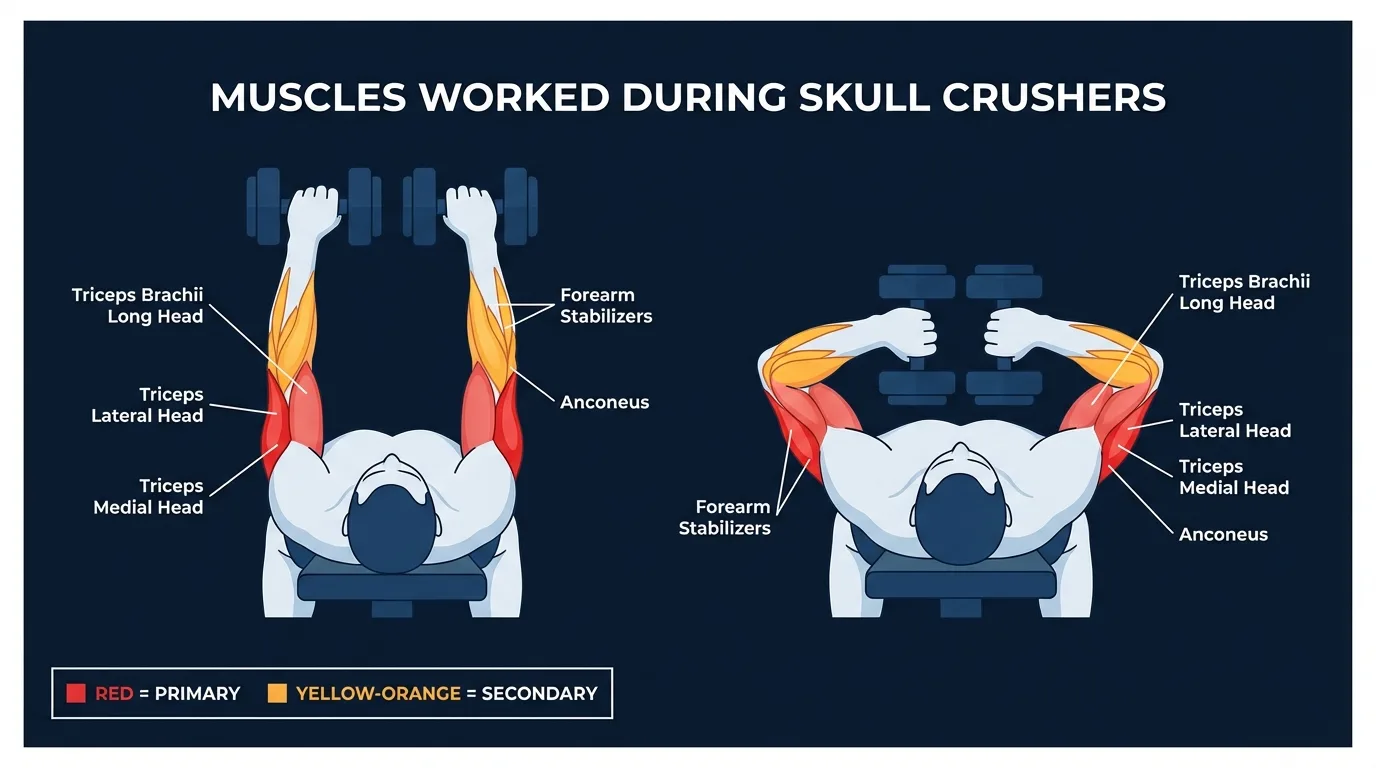 Diagrama de musculos trabalhados no skull crusher mostrando as tres cabecas do triceps braquial: cabeca longa, lateral e medial como motores primarios durante a extensao de triceps deitado