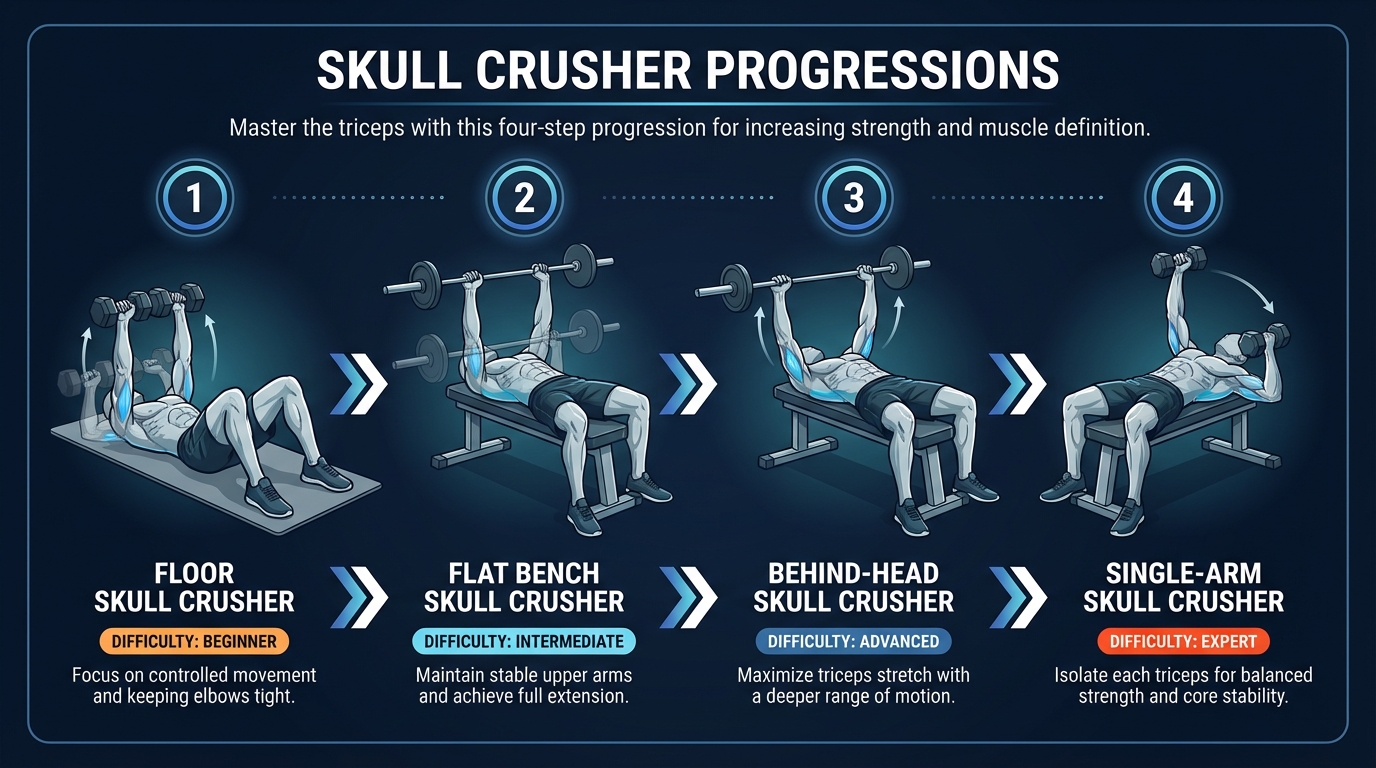 Skull crusher progression from floor skull crusher to flat bench to behind-head to single-arm, showing increasing difficulty levels