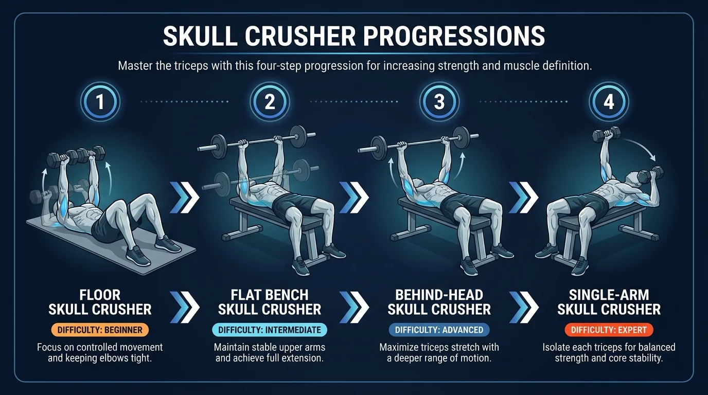 Progressao de skull crushers do chao ao banco plano, atras da cabeca e braco unico, mostrando niveis crescentes de dificuldade