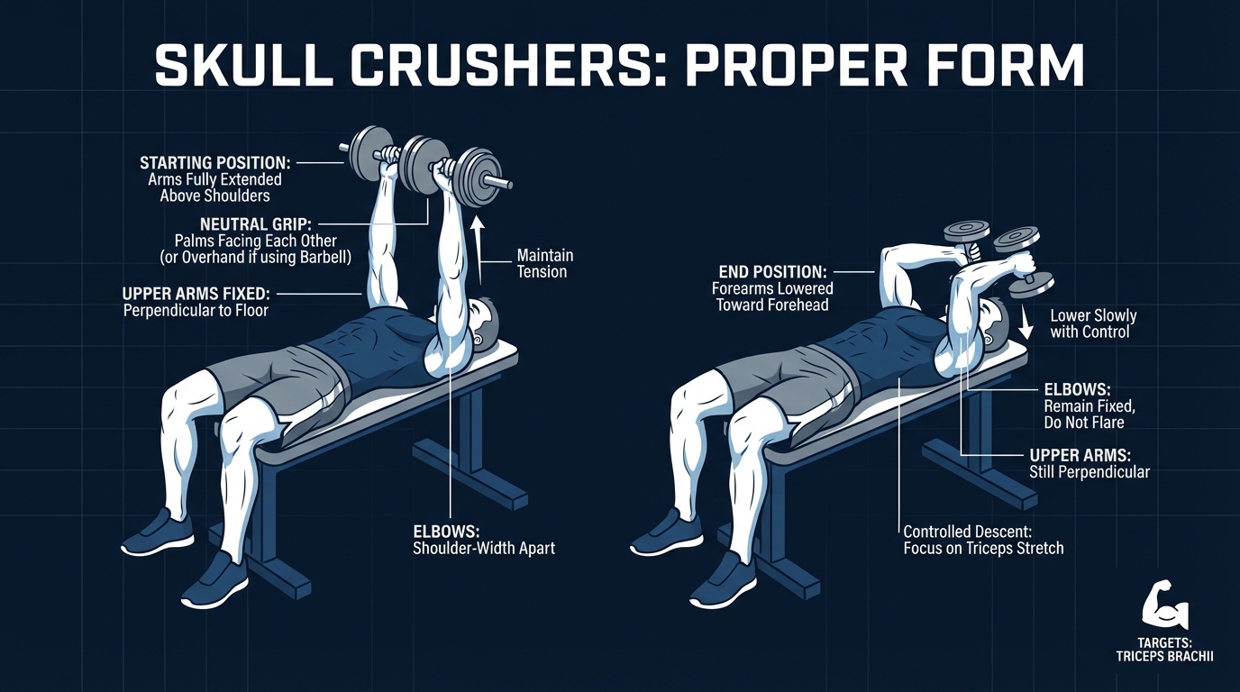 Skull crusher proper form showing start position with arms extended above shoulders and end position with forearms lowered toward forehead, upper arms fixed perpendicular to floor