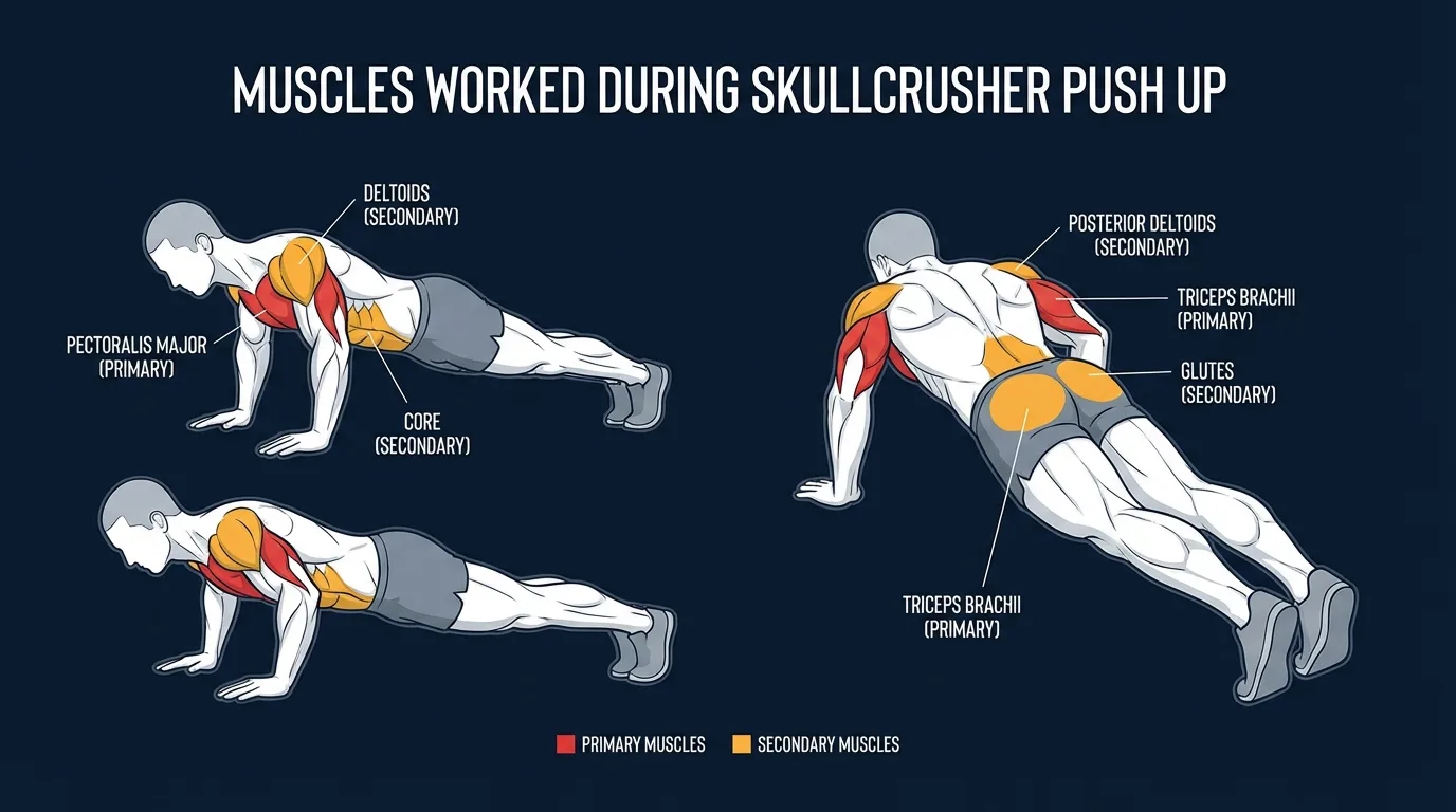 Skull crusher push up muscles targeted anatomical diagram showing all three heads of the triceps brachii as primary movers with anterior deltoids, chest, and core as stabilizers