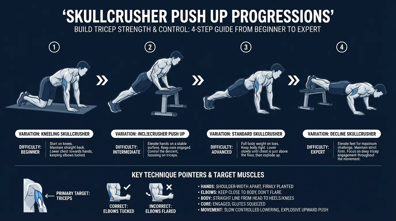 Skull crusher push up progression ladder from kneeling variation to standard floor version to feet elevated to deficit with elevated hands, showing increasing triceps difficulty