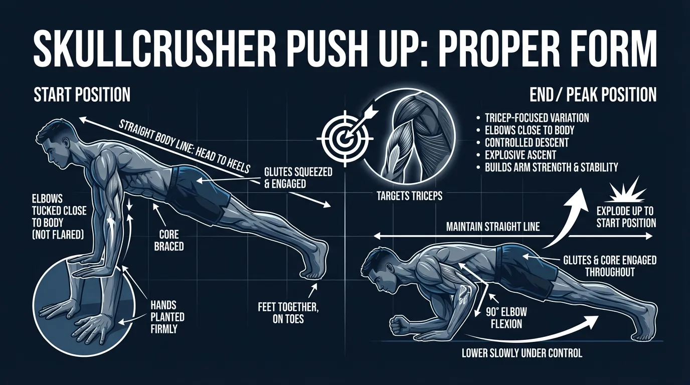 Skull crusher push up proper form showing forearm plank bottom position and top push up position with only the elbow joint hinging while the body stays rigid