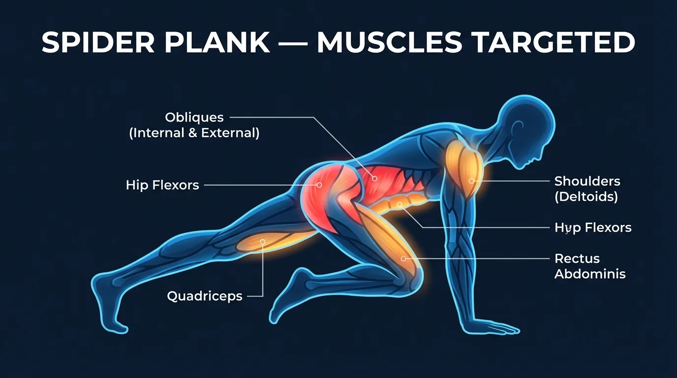 Spider plank muscles targeted diagram showing primary activation in obliques and hip flexors, with secondary activation in rectus abdominis, shoulders, quadriceps, and chest