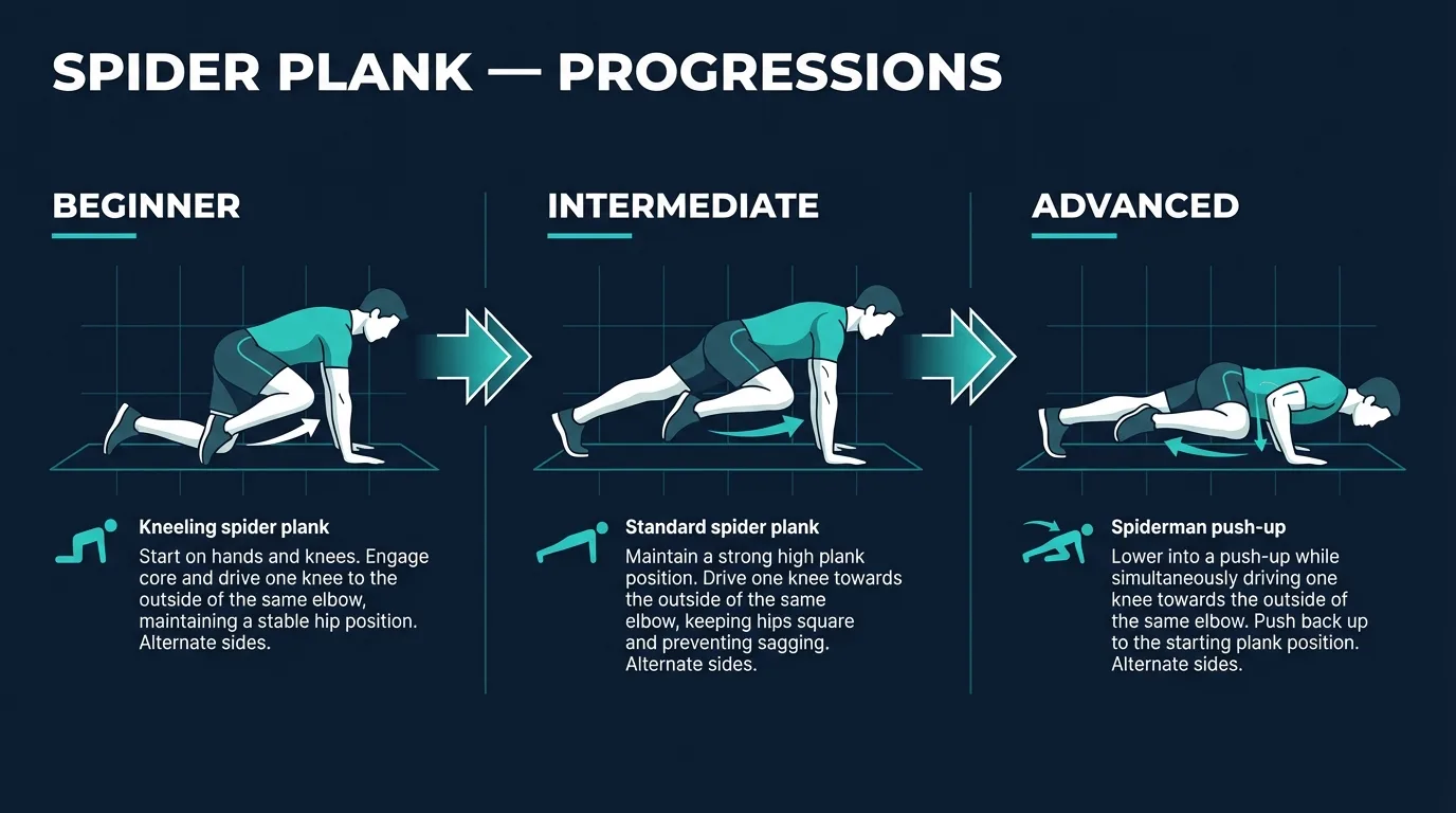 Spider plank progression from kneeling spider plank to standard spider plank to Spiderman push-up, shown left to right