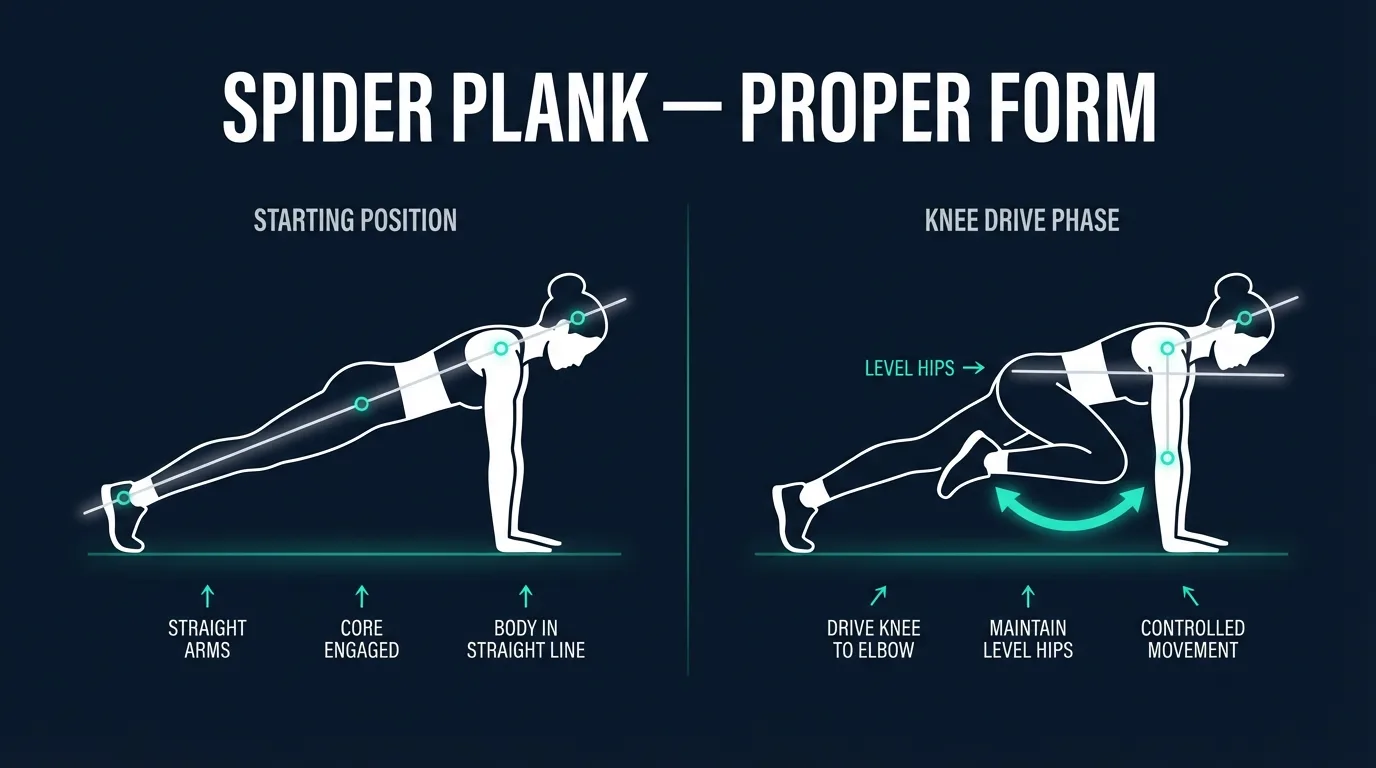 Spider plank proper form showing start position in high plank and knee drive position with right knee reaching toward right elbow while hips stay level