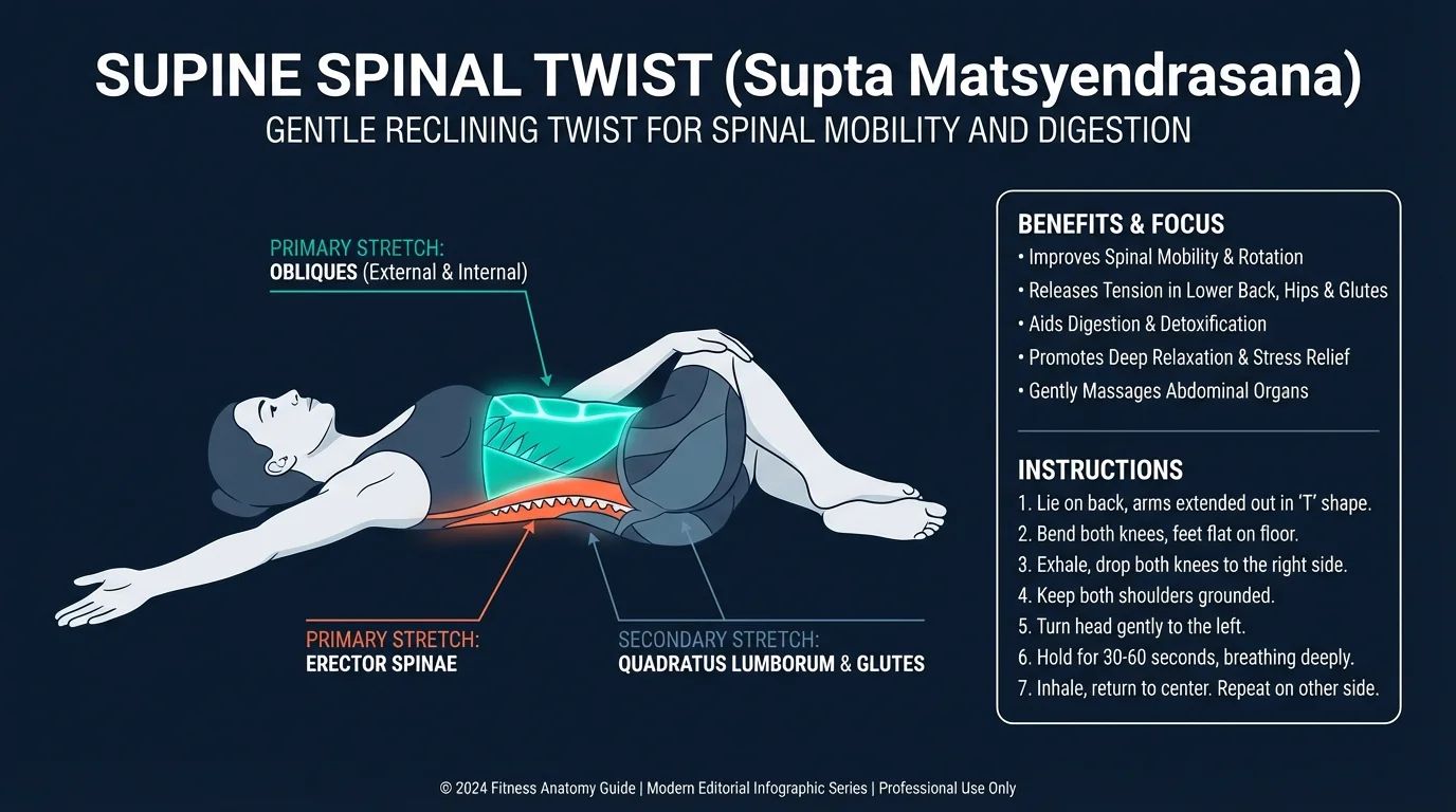 Supine spinal twist muscles targeted diagram showing obliques, erector spinae, quadratus lumborum, and glutes as the primary stretched muscles with thoracic rotation indicated
