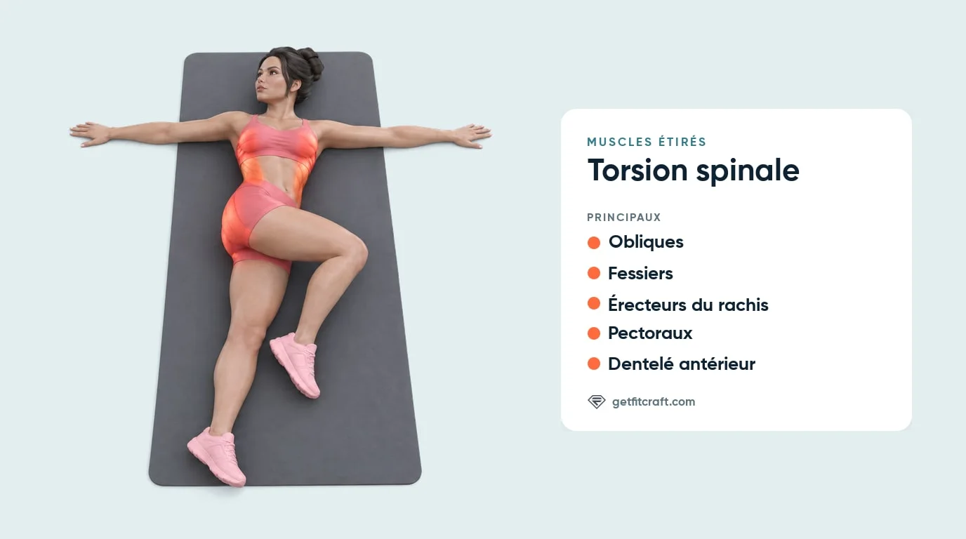 Torsion spinale, muscles étirés : obliques, fessiers, érecteurs du rachis, pectoraux et dentelé antérieur, allongé sur le dos