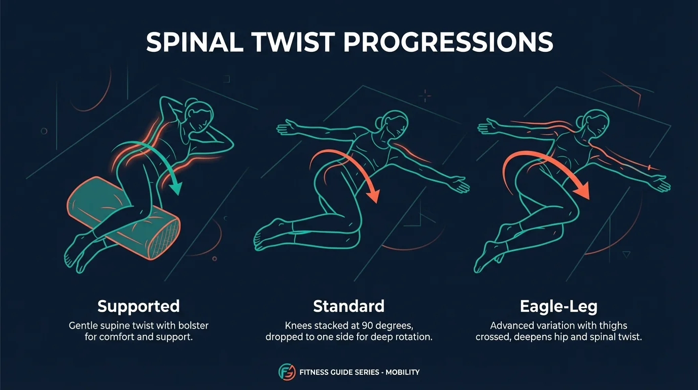 Supine spinal twist progressions showing bent-knee supported variation, standard knees-stacked twist, and advanced eagle-leg crossed-knee twist