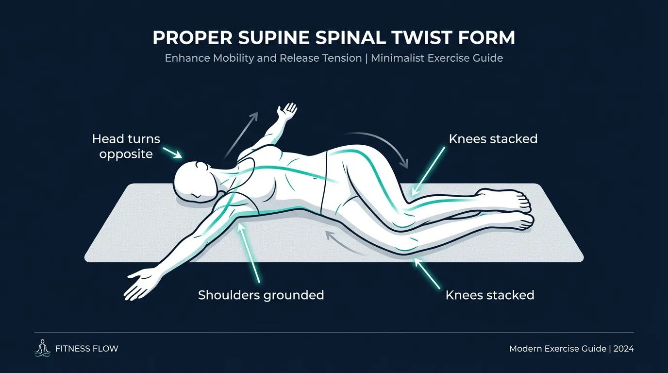 Supine spinal twist proper form showing shoulders pinned to the floor, knees stacked and dropped to one side, arms extended in T-shape with head rotated opposite direction