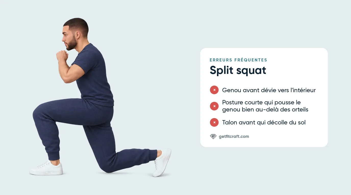 Erreurs courantes du split squat à côté de la bonne position basse : talon avant à plat et genou arrière près du sol
