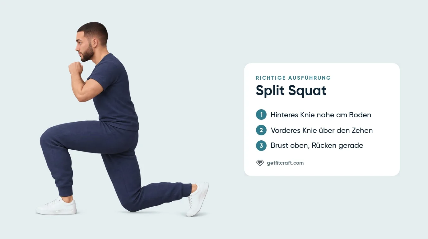 Split Squat mit Körpergewicht, richtige Technik, Seitenansicht: hinteres Knie nahe am Boden, vorderes Knie über den Zehen
