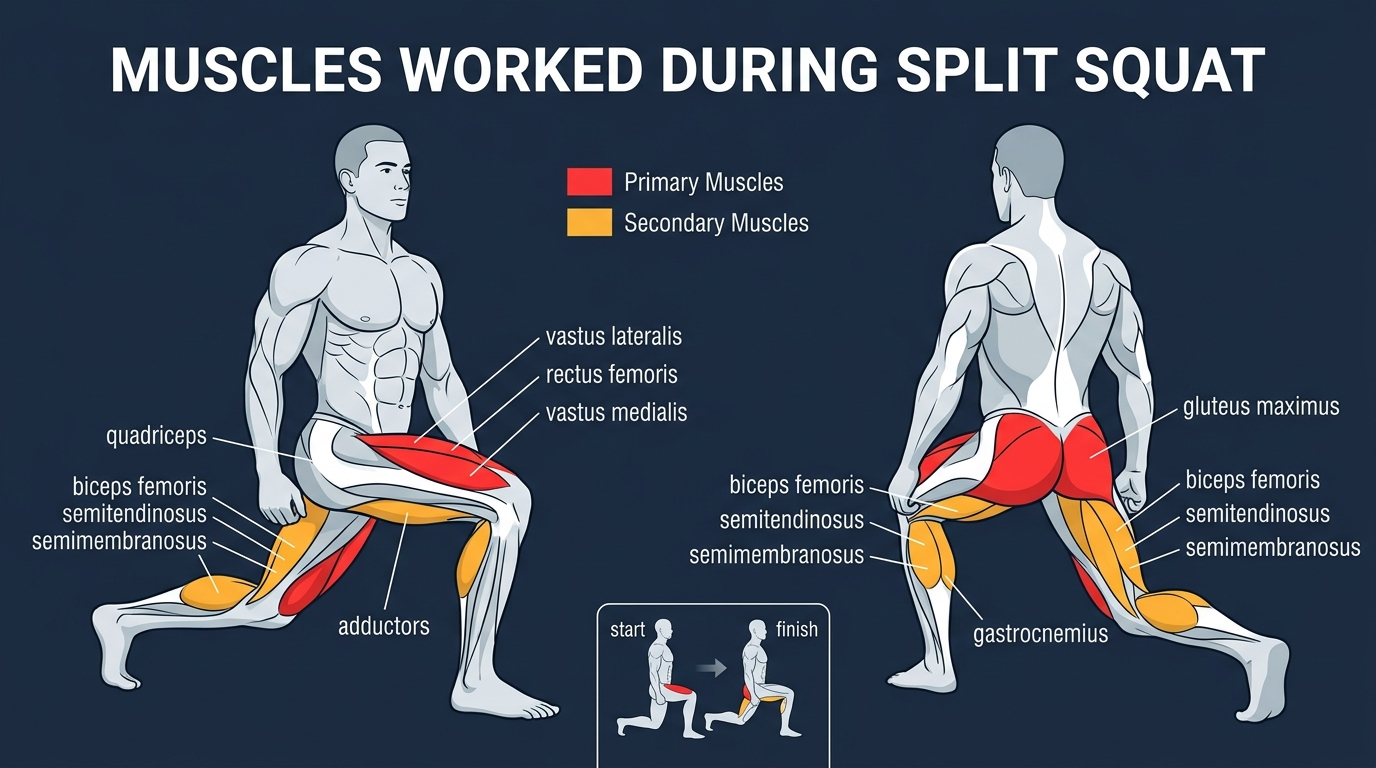 Split squat muscles targeted diagram showing quadriceps, gluteus maximus, hamstrings, and adductors activation during the movement