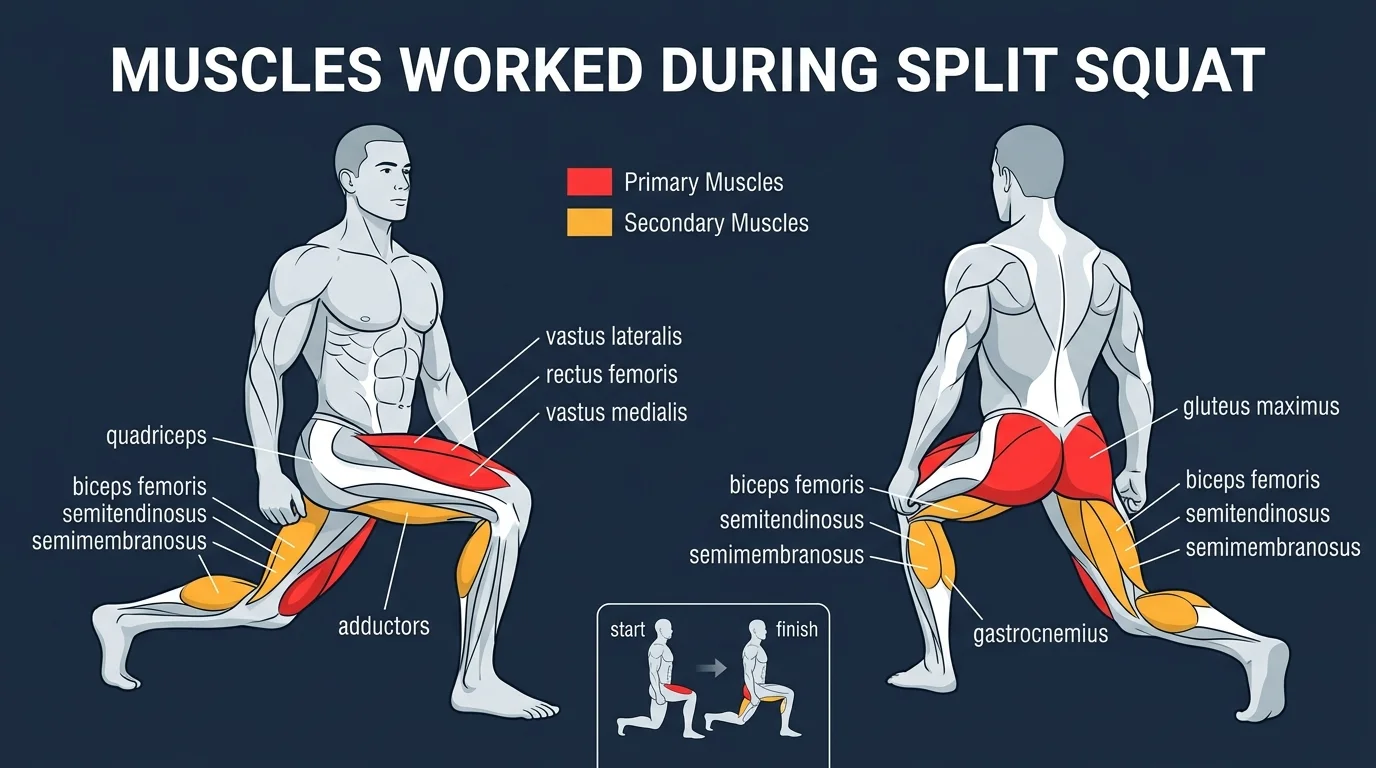 Split squat muscles targeted: front-leg quadriceps and gluteus maximus as primary movers, with hamstrings, adductors, calves, gluteus medius, and core stabilizers assisting