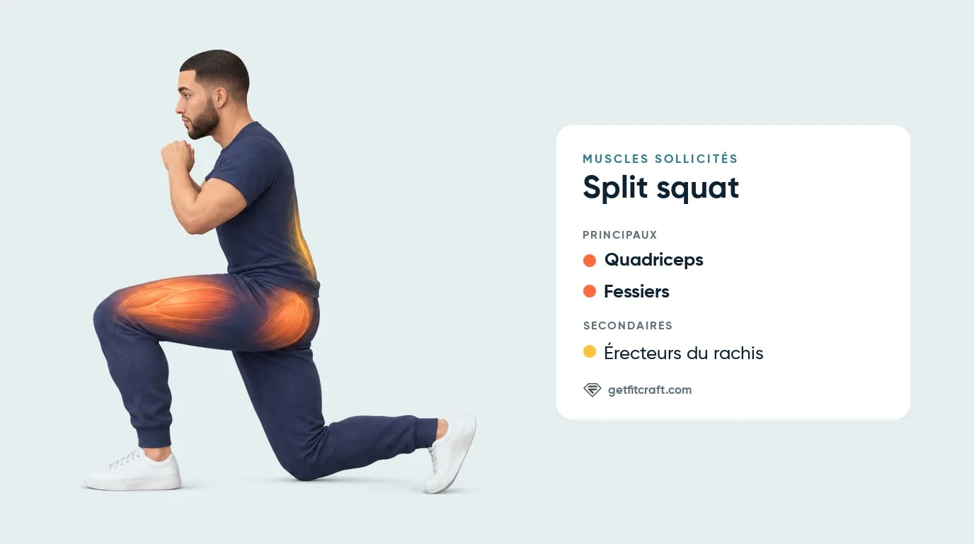 Muscles sollicités par le split squat, vue de côté : quadriceps et fessiers de la jambe avant, érecteurs du rachis