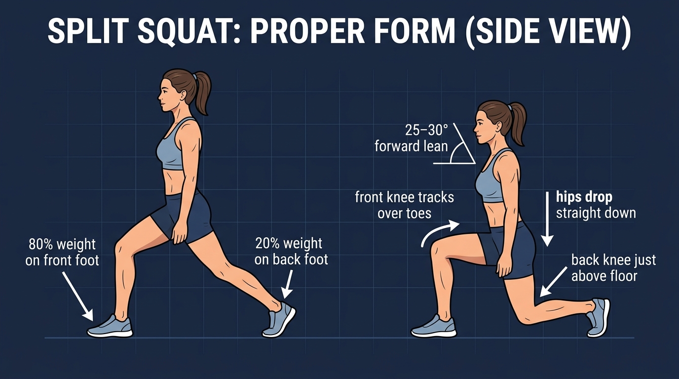 Split squat proper form showing 80/20 weight distribution, slight forward lean, and front knee tracking over toes