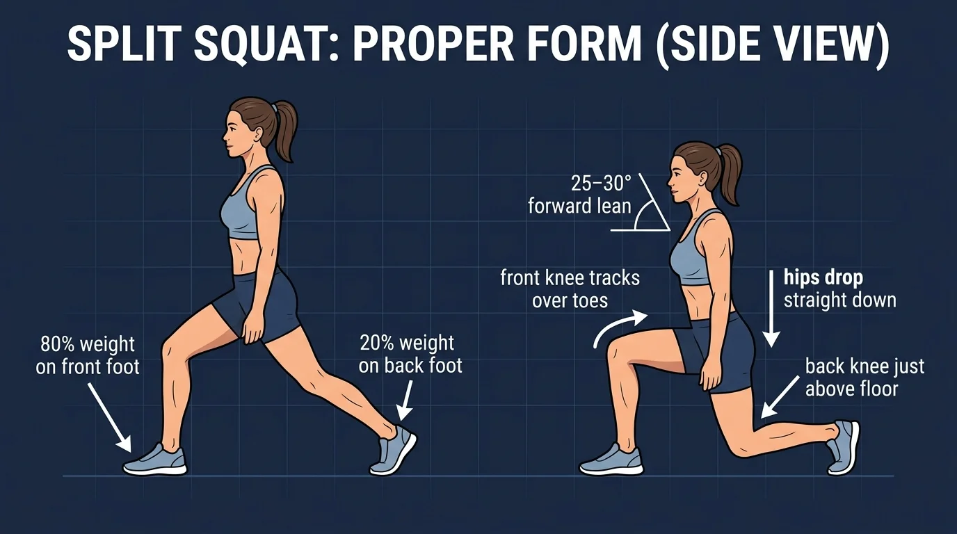 Split squat proper form: 80 percent of weight on the front foot, slight forward torso lean, front knee tracking over the middle toes, and back knee hovering above the floor