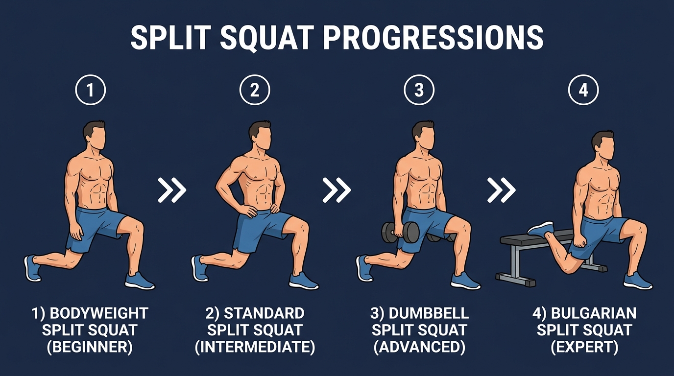 Split squat progression from standard bodyweight to rear-foot elevated Bulgarian split squat on a bench