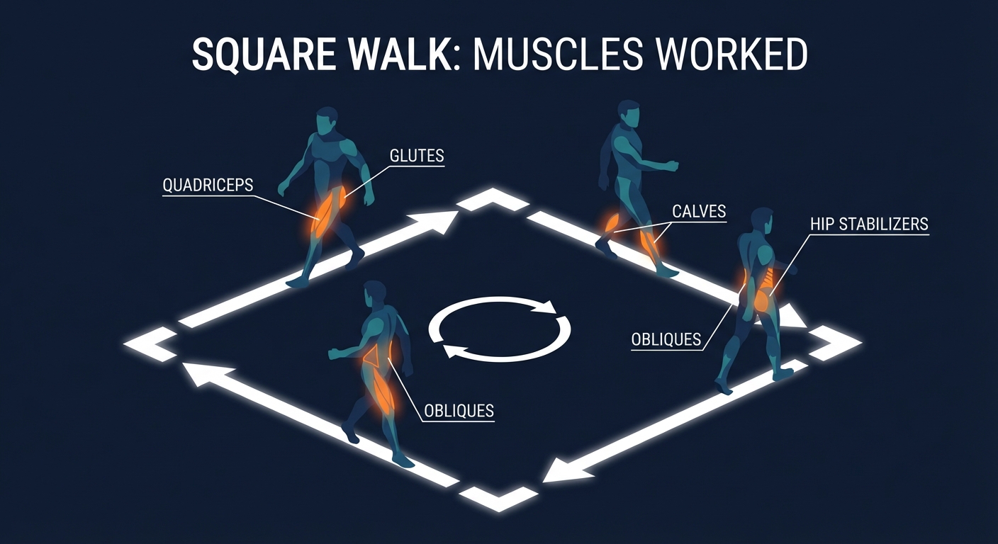 Square walk muscles targeted diagram highlighting quads, glutes, calves, hip stabilizers, and obliques during the four-corner stepping pattern