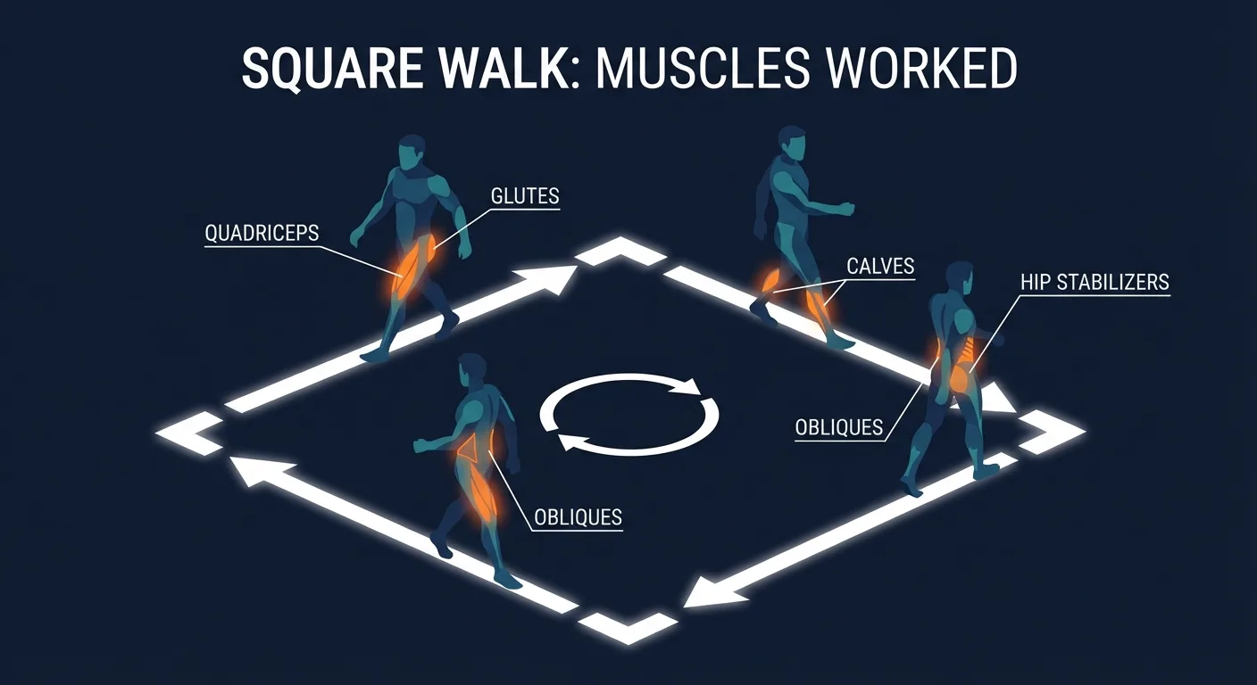 Square walk muscles and systems worked: quads, glutes, calves, hip stabilizers, obliques, ankle stabilizers, heart, and lungs during a four-corner stepping pattern