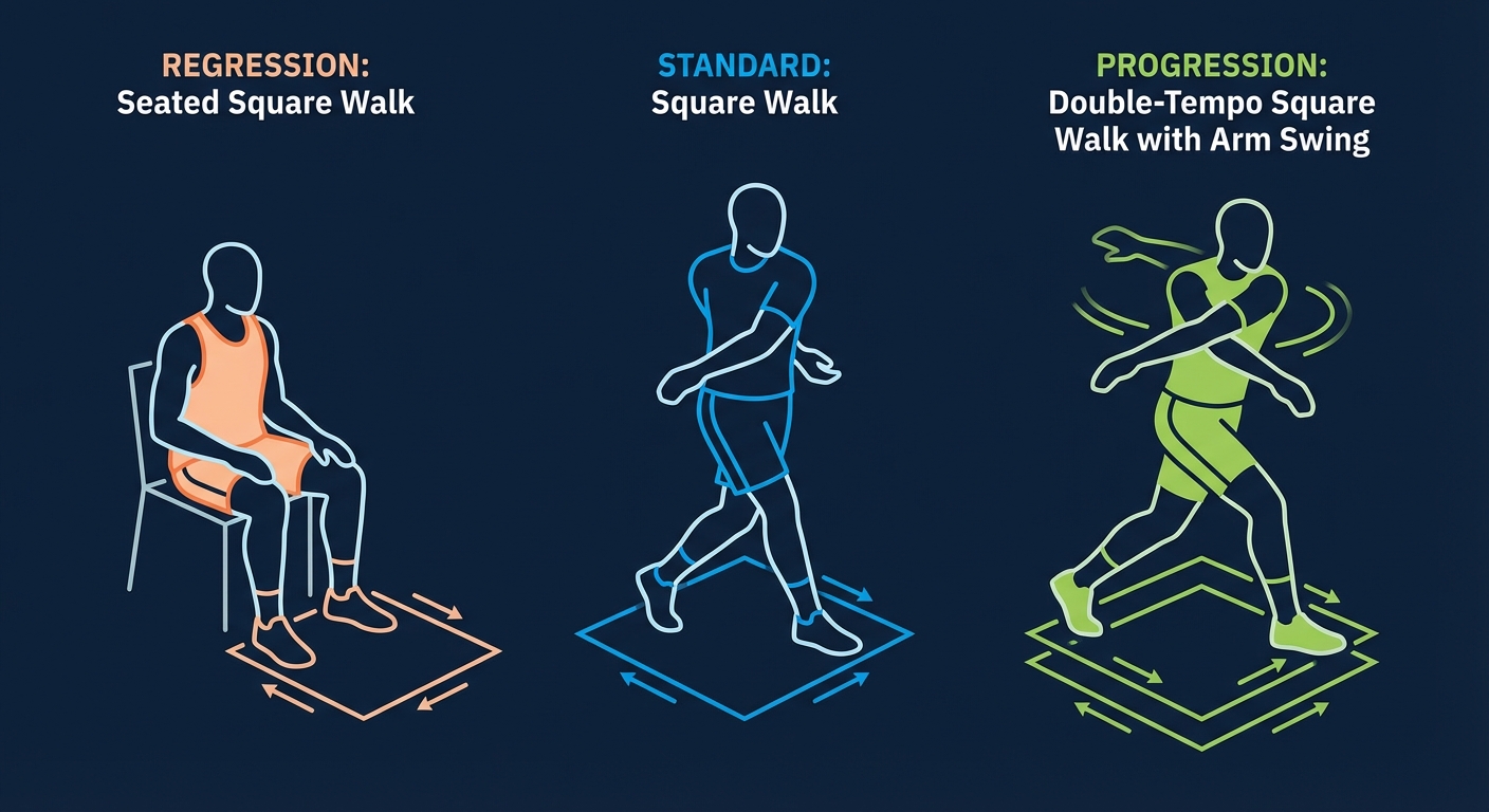 Square walk variations showing seated regression, standard square walk, and double-tempo progression with arm swing