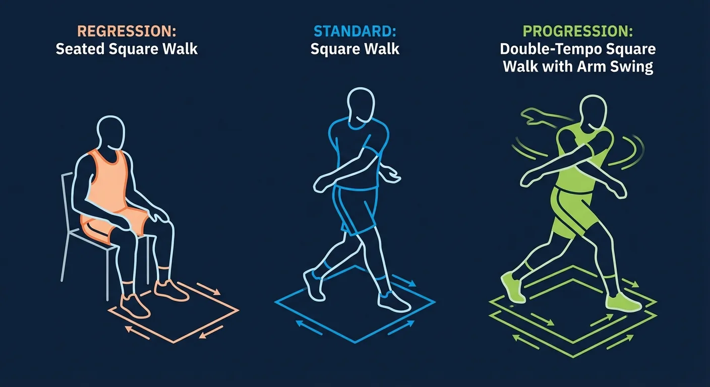 Square walk progressions showing no-twist regression, standard square walk, arm-swing variation, and double-tempo pattern