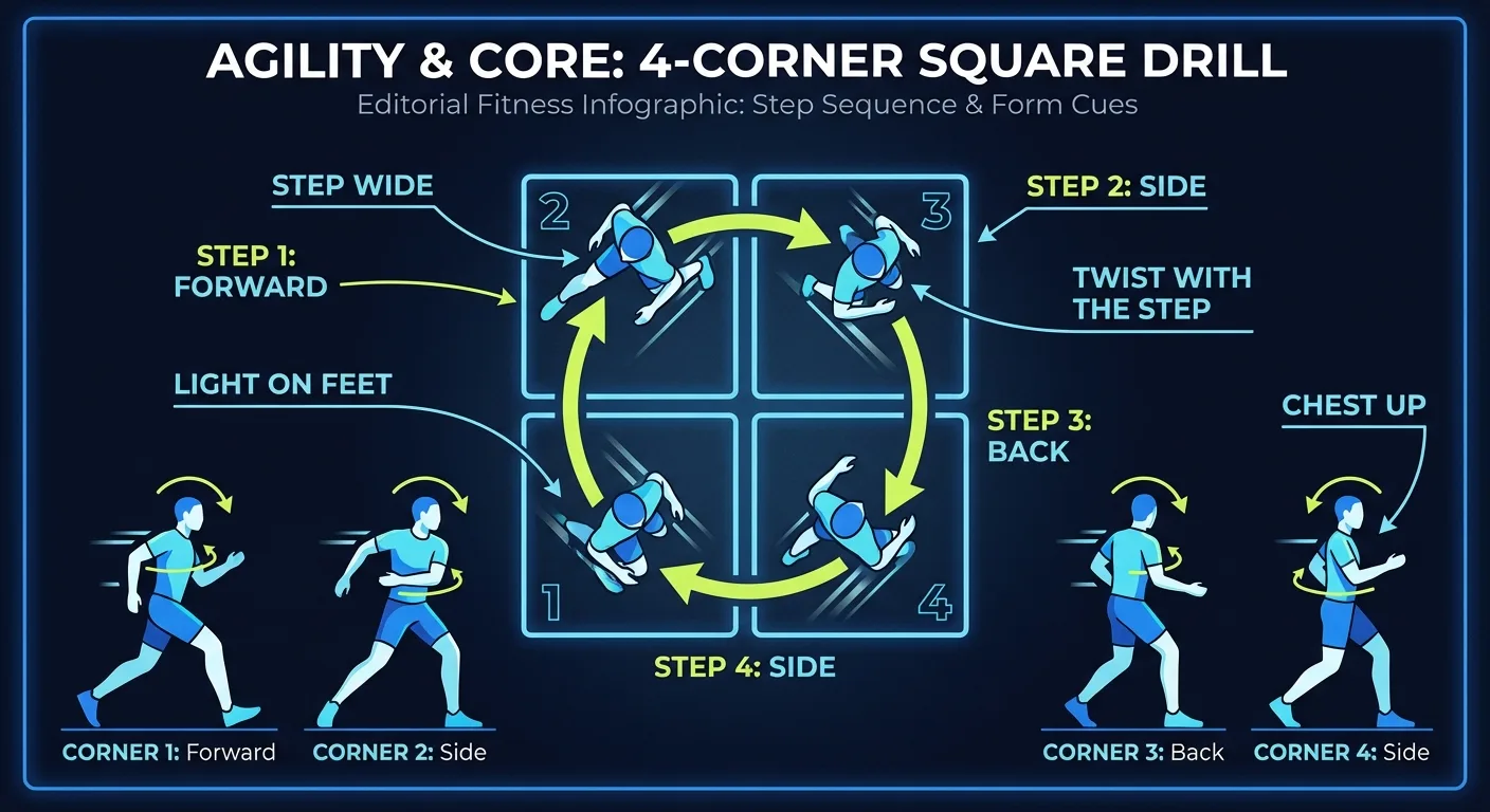 Square walk proper form showing a small four-corner floor pattern with forward, side, backward, and side steps plus a torso twist