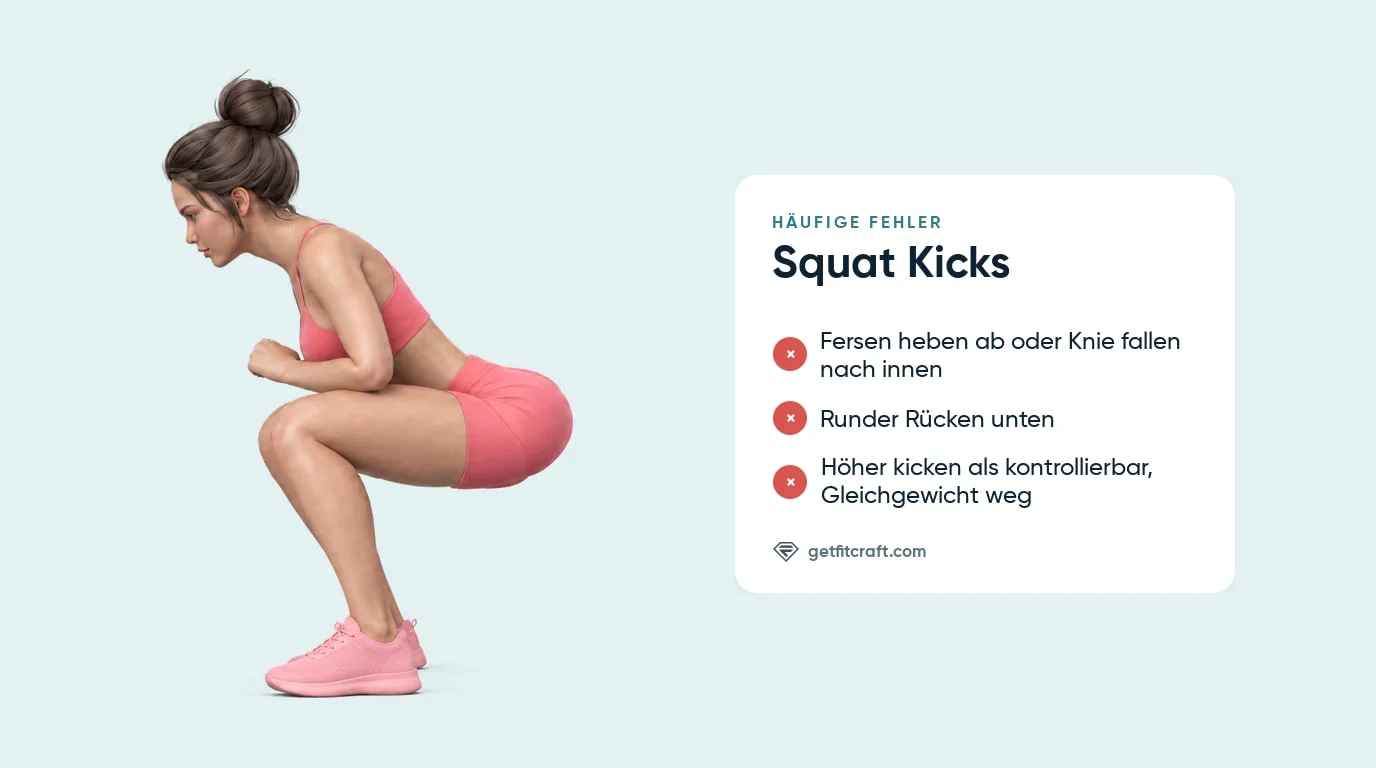 Squat Kicks Fehler neben der richtigen Kniebeuge: Fersen heben ab, Knie nach innen, runder Rücken, Kick zu hoch
