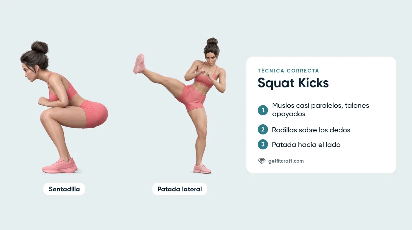 Squat kick, ejercicio: sentadilla de lado, muslos casi paralelos y talones apoyados, luego patada lateral en guardia