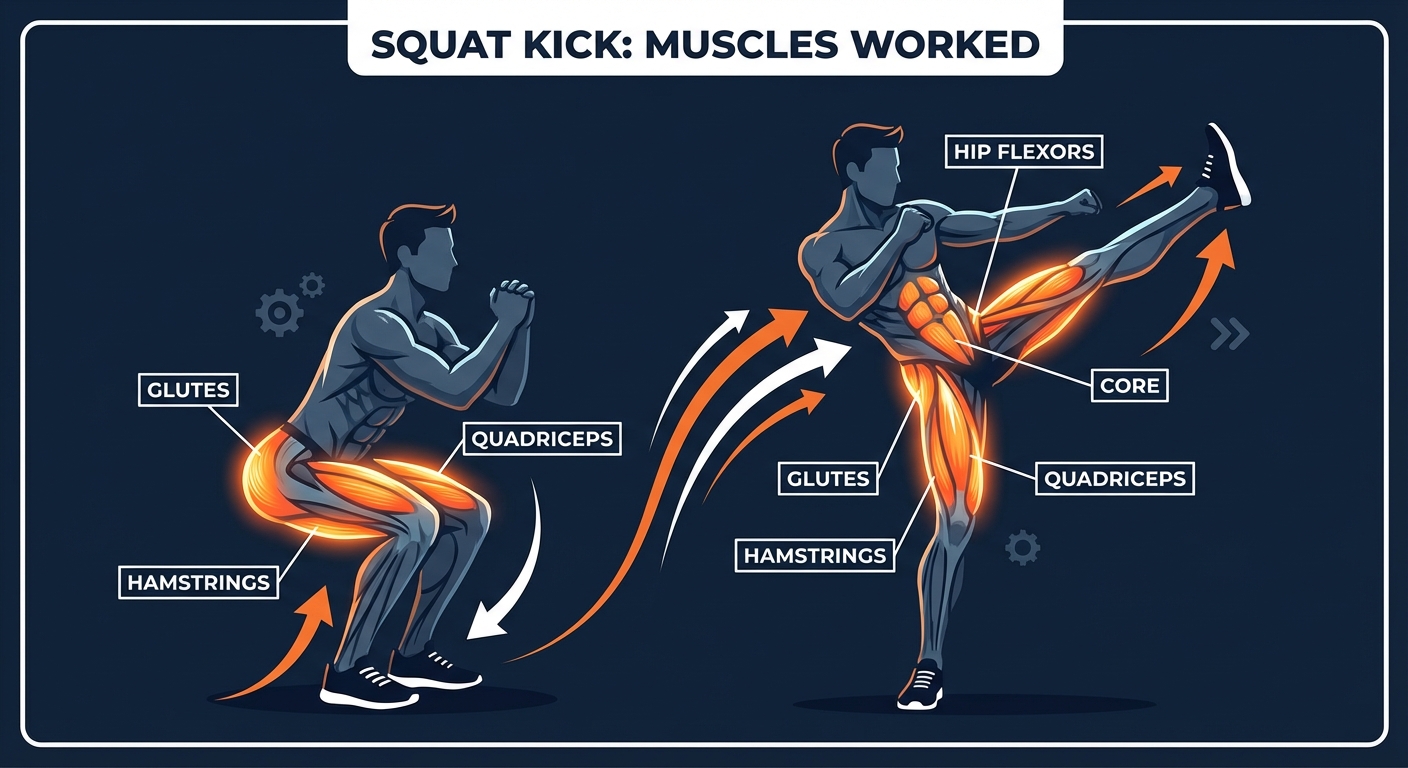 Squat kick muscles targeted diagram showing quadriceps, glutes, hamstrings, hip flexors, and core activation during the squat-to-high-kick combo