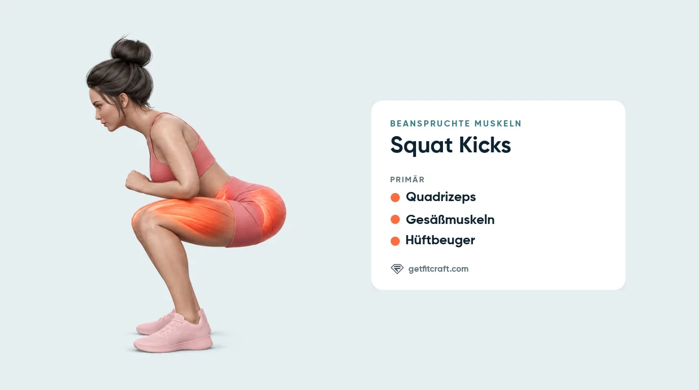 Squat Kick Muskeln: Seitenansicht am tiefsten Punkt der Kniebeuge, Quadrizeps, Gesäßmuskeln und Hüftbeuger hervorgehoben