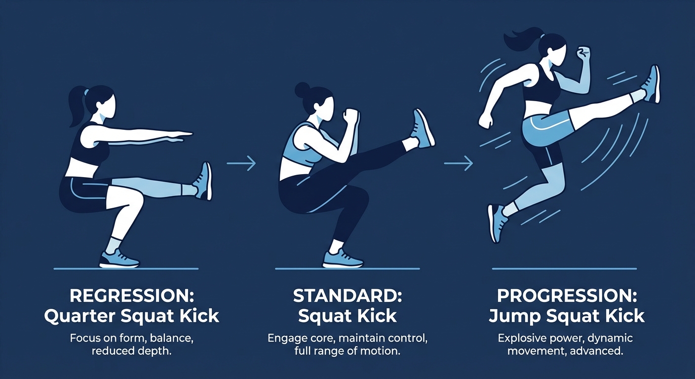 Squat kick variations showing quarter squat kick regression, standard full squat kick, and jump squat kick progression